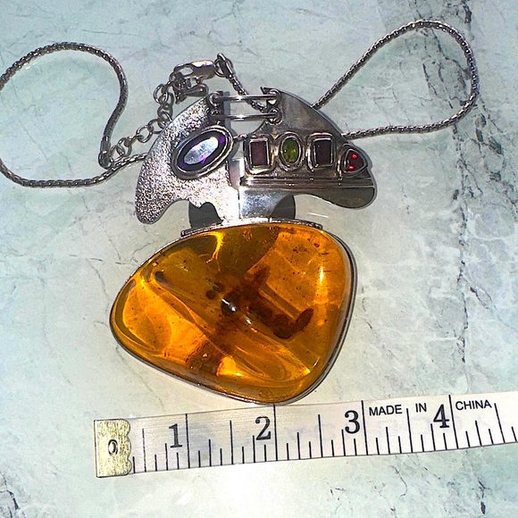 Amber and Silver Pendant Necklace - Picture 8 of 9